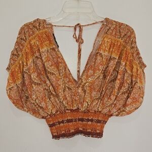 Rachel Zoe Rust Orange Yellow Gypsy Boho Paisley Smocked Festival Crop Top